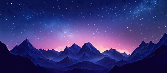 Wall Mural - Starry night sky with the Milky Way over majestic purple mountains, soft gradients of blue and pink, creating a serene and picturesque landscape.