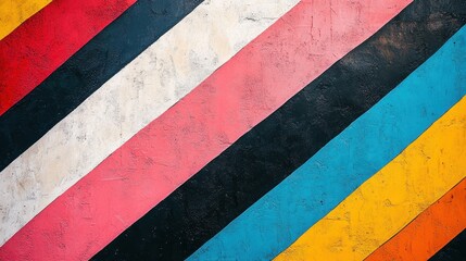 Poster - Brightly colored diagonal stripes decorate an urban wall in a vibrant outdoor setting during the daytime, creating a cheerful and dynamic visual experience