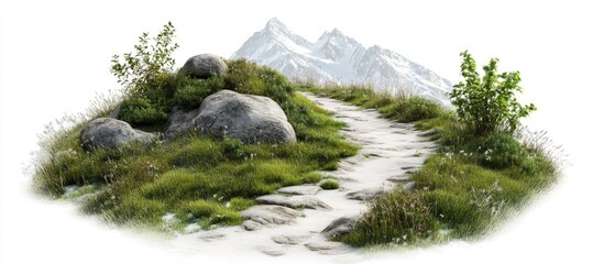 Wall Mural - Lush green mountain path winding through textured rocks with distant snow-capped peaks set against a pure white background.