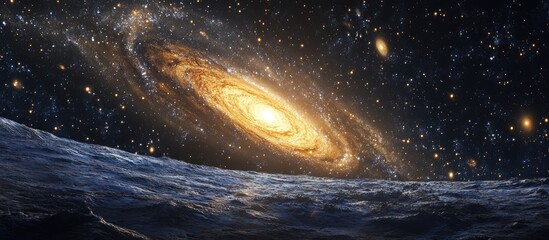 Galactic view featuring Andromeda galaxy with radiant yellow core against deep black night sky, distant stars and subtle meteor trails above rocky terrain.