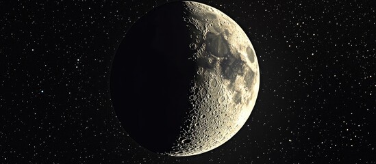Wall Mural - Crescent moon glowing against deep black night sky filled with stars creating a serene celestial view emphasizing lunar textures and shadows