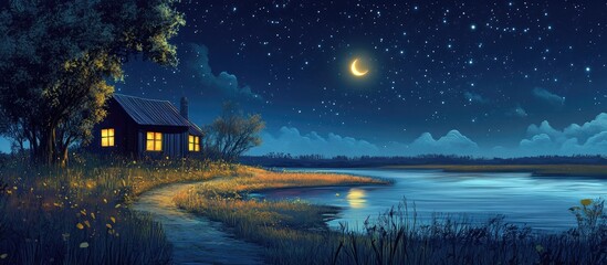 Wall Mural - Serene night landscape with a dark blue sky filled with stars and a crescent moon illuminating a quaint cabin by a tranquil lake and mountain backdrop