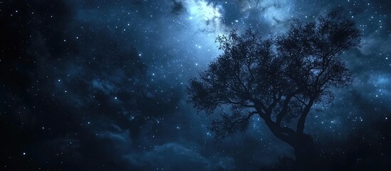 Wall Mural - Silhouette of a lone tree against a stunning Milky Way galaxy in a dark blue starry night sky filled with shimmering space dust.