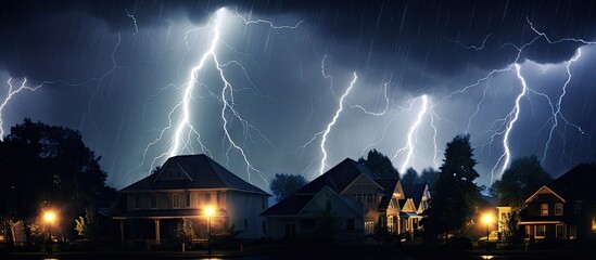 Wall Mural - Nighttime neighborhood illuminated by multiple lightning strikes, dark clouds above, houses in the foreground with soft glowing lights, horizontal composition.