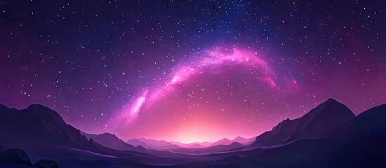 Wall Mural - Majestic cosmic landscape featuring a vibrant pink and purple galaxy arching over dark mountains at twilight with twinkling stars in the sky