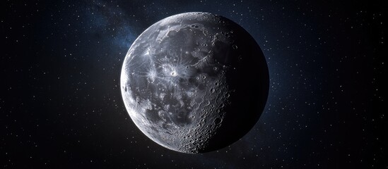 Luminous crescent moon against a deep black night sky glowing with stars, showcasing detailed lunar surface textures and intricate shadows.