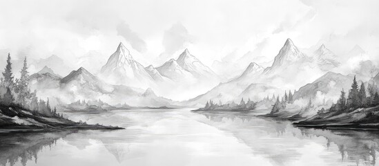 Wall Mural - Monochrome ink wash landscape featuring serene mountains and reflective water with dark trees in the foreground and soft mist in the background