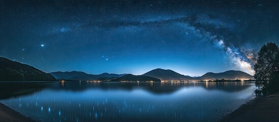 Wall Mural - Panorama of a deep blue night sky showcasing the Milky Way arching above serene waters with mountains in the background reflecting shimmering lights.