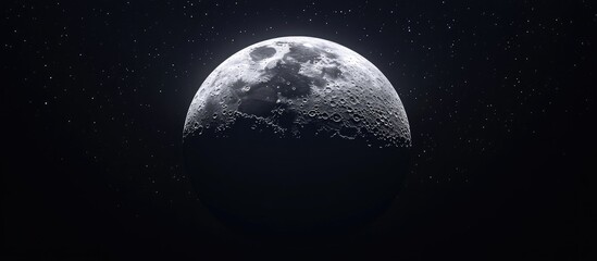 Wall Mural - Serene night sky showcasing a detailed crescent moon illuminated against a dark backdrop with scattered stars, creating a tranquil atmosphere.