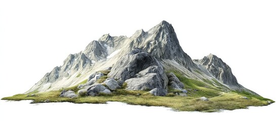 Wall Mural - Detailed image of a rugged gray mountain with sharp peaks and grassy slopes positioned centrally against a white background for clear visibility.