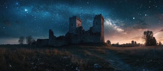 Wall Mural - Medieval castle ruins illuminated under a starry night sky with a colorful Milky Way arching above and a serene plain in the foreground.