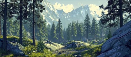 Wall Mural - Lush green forest with majestic mountain backdrop under blue sky featuring pine trees on either side and rocky pathway in the center