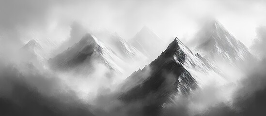 Wall Mural - Mysterious fog-covered mountain peaks with varying shades of gray and white create an ethereal landscape shrouded in mist and clouds.