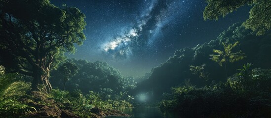 Wall Mural - Luminous Milky Way galaxy illuminates lush green forest with vibrant trees reflecting serene waters under a starry night sky in summer.