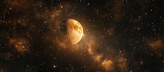Wall Mural - Celestial night sky featuring a glowing crescent moon in the upper right corner surrounded by shimmering stars and nebulous clouds in dark hues.