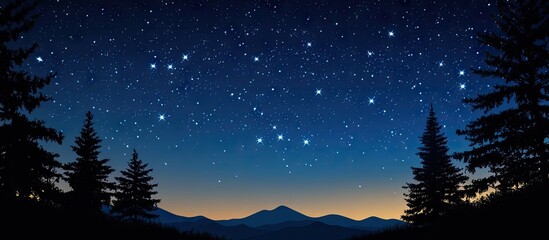 Wall Mural - Starry Night Sky Over Mountainous Landscape with Silhouetted Pine Trees in Foreground and Deep Blue to Subtle Orange Gradient Horizon