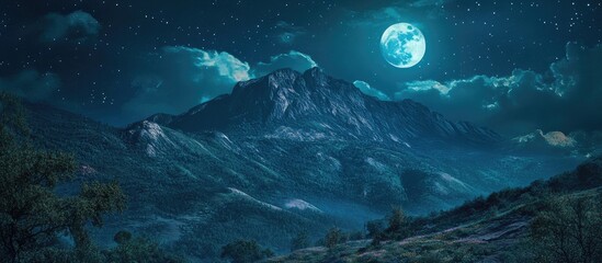 Wall Mural - Serene moonlit mountain landscape under a starry night sky with a large bright moon illuminating rugged peaks and dark foreground vegetation.