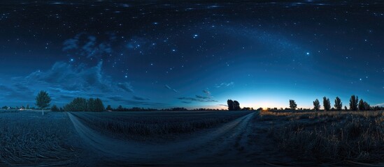 Wall Mural - Panoramic night sky with deep blue hues and scattered stars, featuring silhouetted trees and a horizon glow, creating a tranquil atmosphere