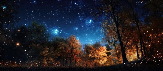 Wall Mural - Autumn forest with vibrant orange and yellow foliage under a starry night sky with deep blues and twinkling stars in the background.