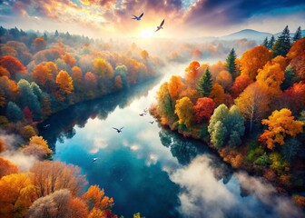 Poster - Surreal Aerial Watercolor Leaf Art: Drone Photography of Dreamlike Landscape