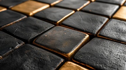 Poster - Close-up of a surface featuring an intricate arrangement of black and gold tiles. The glossy finish and unique textures create an elegant aesthetic suitable for interior design.