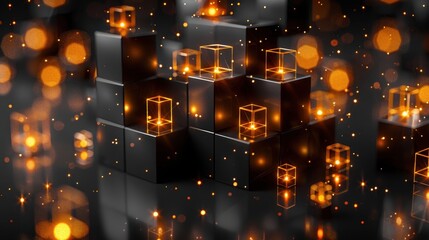 Fototapete - Glowing cubes in various sizes are arranged against a dark background creating a captivating display of light and shadow. Sparks of orange illuminate the scene adding vibrancy.