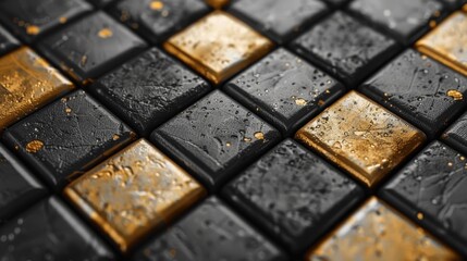 Poster - Black and gold tiles are arranged in a stunning geometric pattern. The surface features a textured design with glimmers of gold reflecting light adding a luxurious feel.