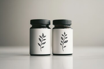 Poster - Elegant minimalist spice jar design featuring herbal motifs in black and white from a contemporary design studio