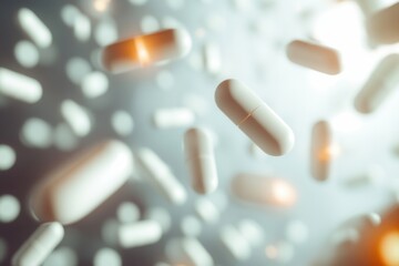 Leinwandbilder - Suspended pills floating in zero gravity with cinematic lighting and soft shadows depicting an abstract medical theme