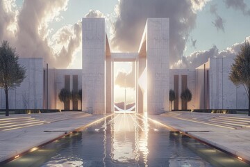 Aufkleber - Modern architectural marvel reflecting on calm waters during sunset in a serene urban landscape