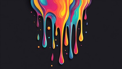Wall Mural - Vibrant Colorful Dripping Paint in Vector Art Style, Simple Shapes and Flat Colors, Symmetrical Composition on Dark Grey Background