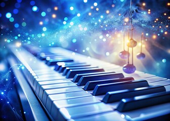 Poster - Surreal Dreamlike Keyboard Balance Harmony Double Exposure Scales Blue Key White Keys