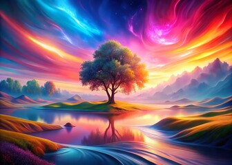 Poster - Surreal Dreamlike Landscape: Gradient Painted Background, Abstract Art, Fantasy Scenery, Colorful Sky, Ethereal Atmosphere