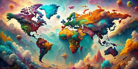 Poster - Surreal Flat World Map Design: Global Connectivity Abstract Art