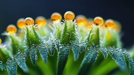 Poster - Close-up view of droplets on bright orange plant leaves in a misty environment showcasing nature's intricate details