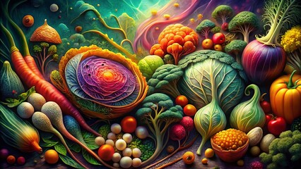 Poster - Surreal Hand-Drawn Vegetable Line Art Texture: Whimsical Food Photography