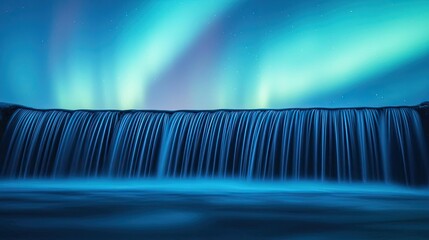 Poster - Aurora borealis northern lights concept. A mesmerizing view of a waterfall illuminated by vibrant, colorful lights.