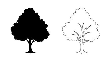 Aufkleber - Tree Silhouette: An artistic representation of a tree in two contrasting styles - solid black and outlined, showcasing the essence of growth and nature.