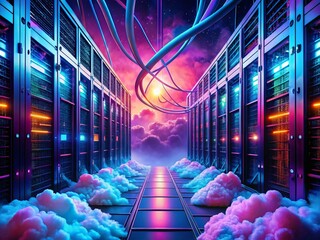 Poster - Surreal Neon Glow: Cloud Computing Data Center - Futuristic Server Room