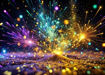 Poster - Surreal Night Sky: Gold, Purple, Blue & Green Fireworks Sparkles