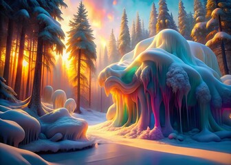 Poster - Surreal Winter Wonderland: Melting Snow Sculptures in a Dreamlike Forest
