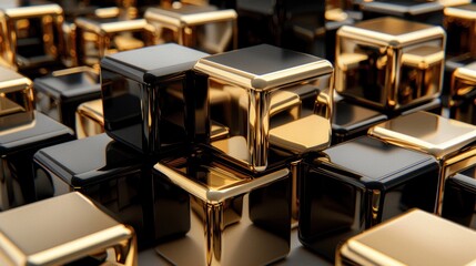 Fototapete - A cluster of glossy black and gold cubes is artistically arranged showcasing a striking contrast that creates depth and visual interest. The metallic finish reflects light beautifully.