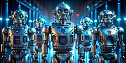 Poster - Symmetrical Lineup of Futuristic Robots with Glowing Blue Accents - Macro Photography