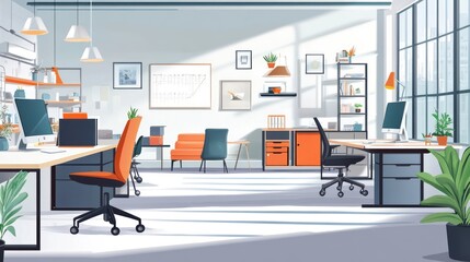 Poster - Modern open-plan office interior, bright, sunny day