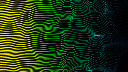 Poster - Abstract digital cyber wave made of green particles and dots moves with big data visualization. Futuristic soft flow background