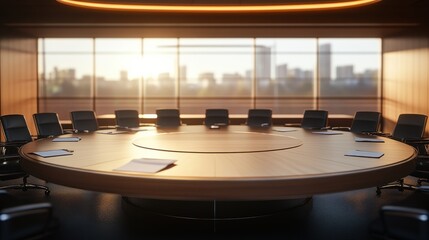 Poster - Modern conference room with circular wooden table and city skyline view during sunset