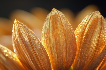 Poster - Close-up view of golden flower petals glistening with morning dew in natural sunlight