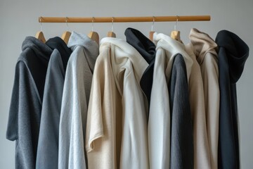 Poster - Selection of stylish outerwear hanging on wooden rack in neutral tones