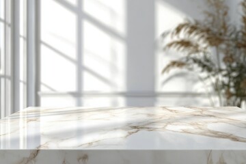 Aufkleber - Serene marble tabletop illuminated by soft natural light in a contemporary interior space with plants