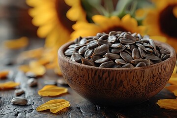 Poster - Sunflower seeds in a wooden bowl surrounded by petals and sunflowers on a rustic table